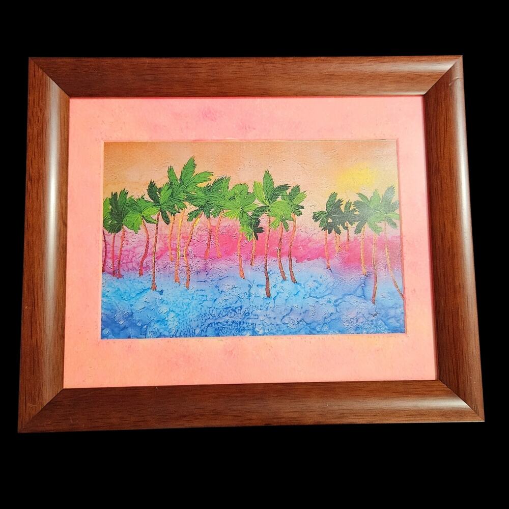 Original Tropical Palm Tree Landscape Mixed Media Framed Colorful Wall Art